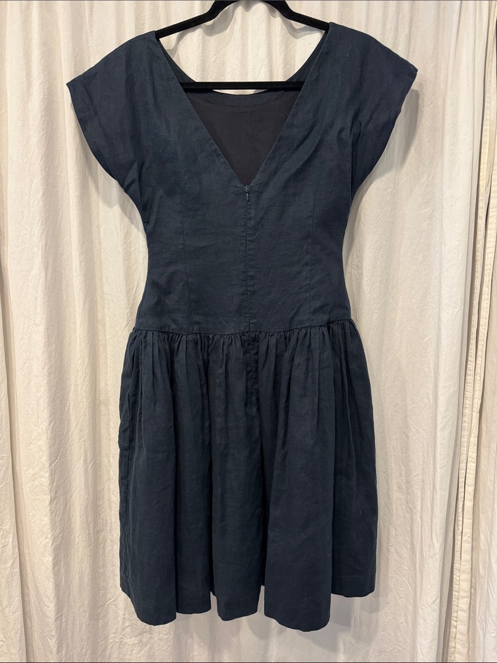 Vintage linen Scoop Neck Navy Midi Dress with Gathered Skirt